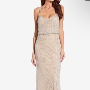 Adrianna Papell Beaded V-Neck Blouson Silver Nude Sleeveless Gown